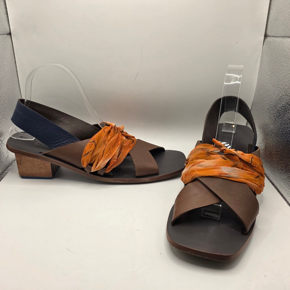 Ciao Mao Brown Leather Orange Fabric Sash Slingback Block Heel Sandals Size 9